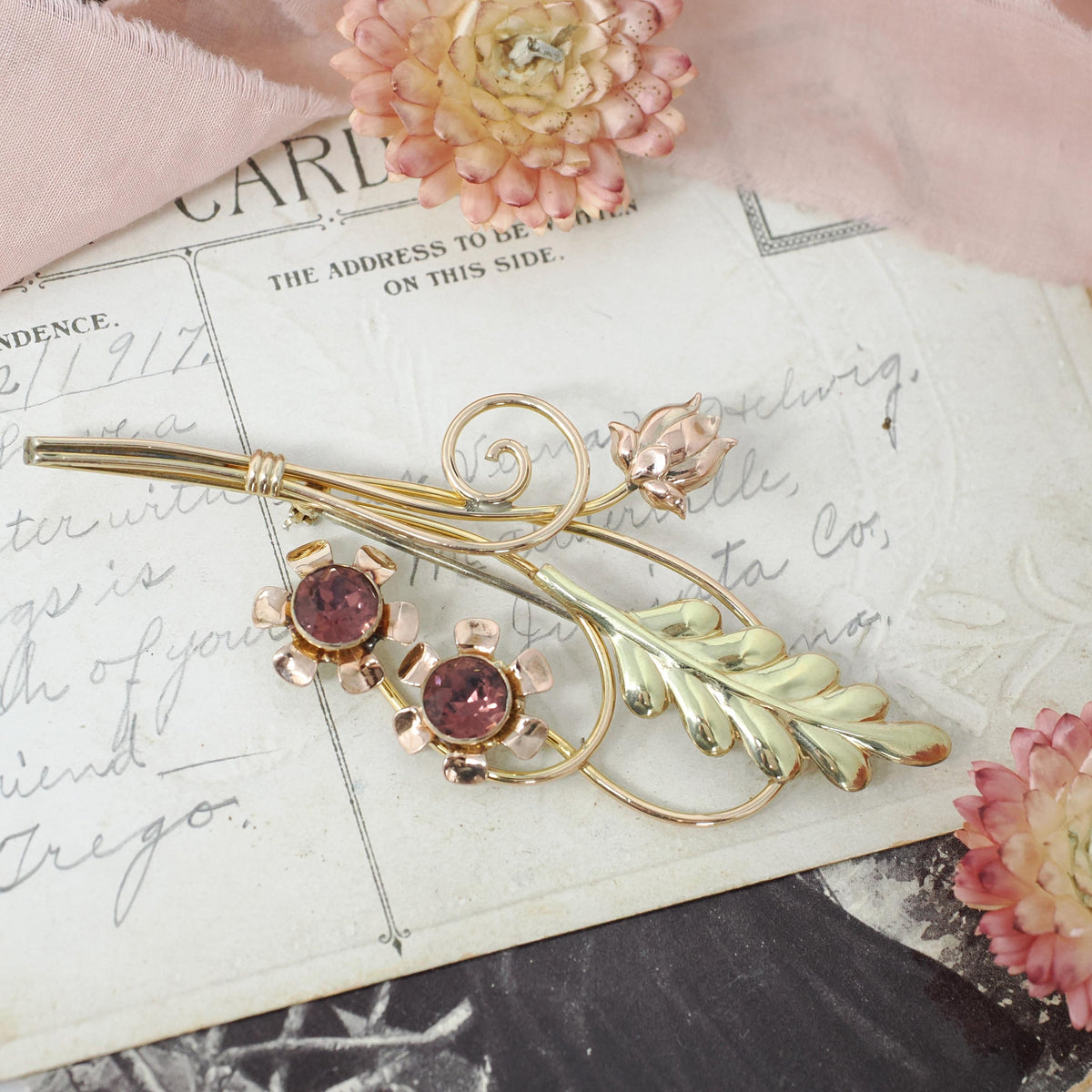 Vintage Bouquet Brooch - Retro Gold Wash Sterling Silver & Gold Filled Purple Glass Pin - Circa 1940s Floral Leaf Fashion Accessory Jewelry