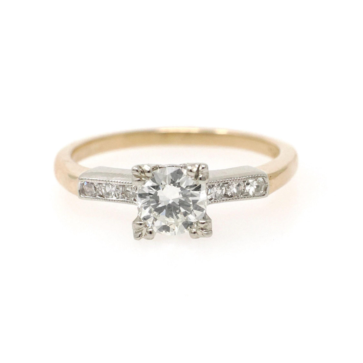 Diamond Engagement Ring - Mid Century 14k Yellow & White Gold .71 CTW Natural Two Tone Trefoil Set - Circa 1950s Era Size 7 3/4 Fine Jewelry