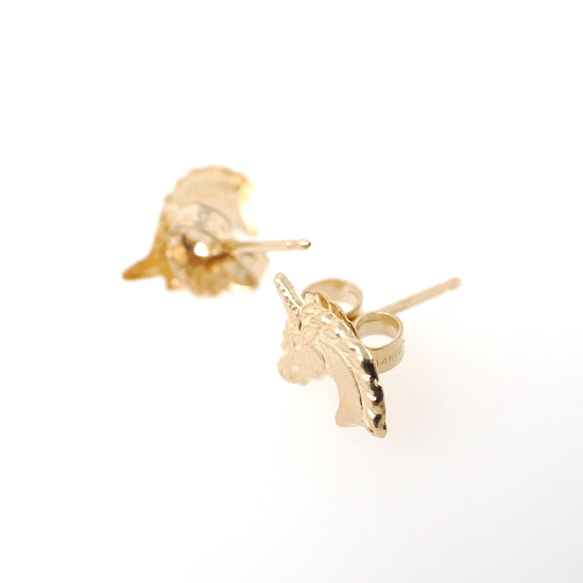 Gold Unicorn Earrings - Contemporary 14k Yellow Figural Friction Post Push Back Studs - Estate Circa 2000s Era Dainty Fine Statement Jewelry