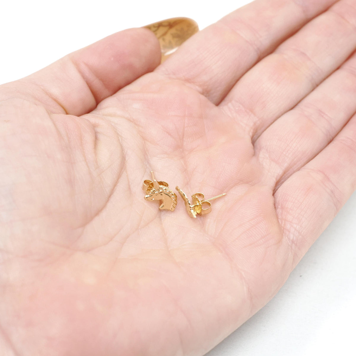 Gold Unicorn Earrings - Contemporary 14k Yellow Figural Friction Post Push Back Studs - Estate Circa 2000s Era Dainty Fine Statement Jewelry