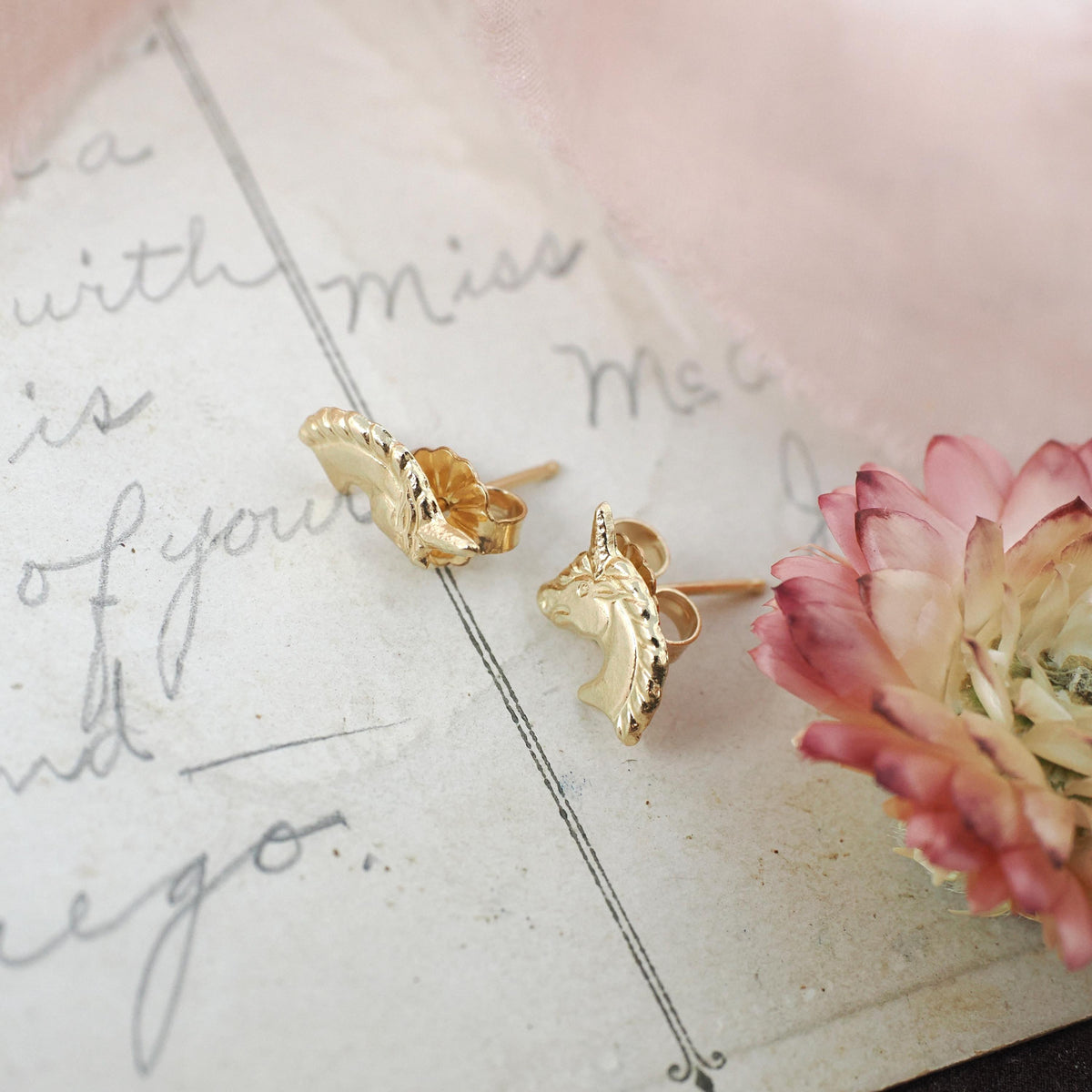 Gold Unicorn Earrings - Contemporary 14k Yellow Figural Friction Post Push Back Studs - Estate Circa 2000s Era Dainty Fine Statement Jewelry