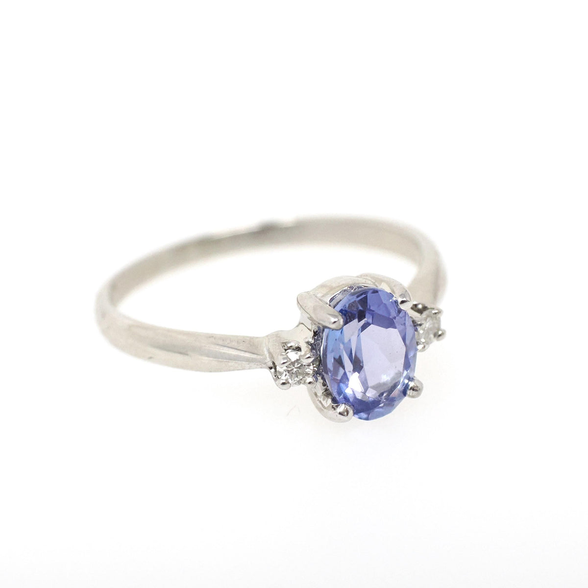 Tanzanite & Diamond Ring - Vintage 14k White Gold Natural Violet Blue Oval Cut Gemstone - Mid Century Era Size 6 1/2 Fine Engagement Jewelry