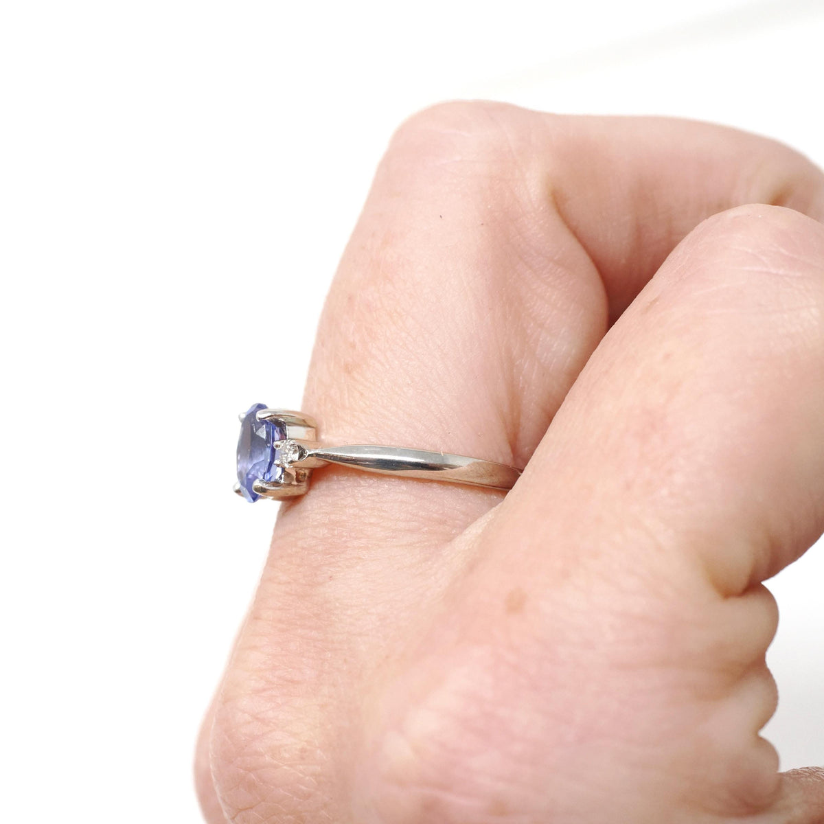Tanzanite & Diamond Ring - Vintage 14k White Gold Natural Violet Blue Oval Cut Gemstone - Mid Century Era Size 6 1/2 Fine Engagement Jewelry