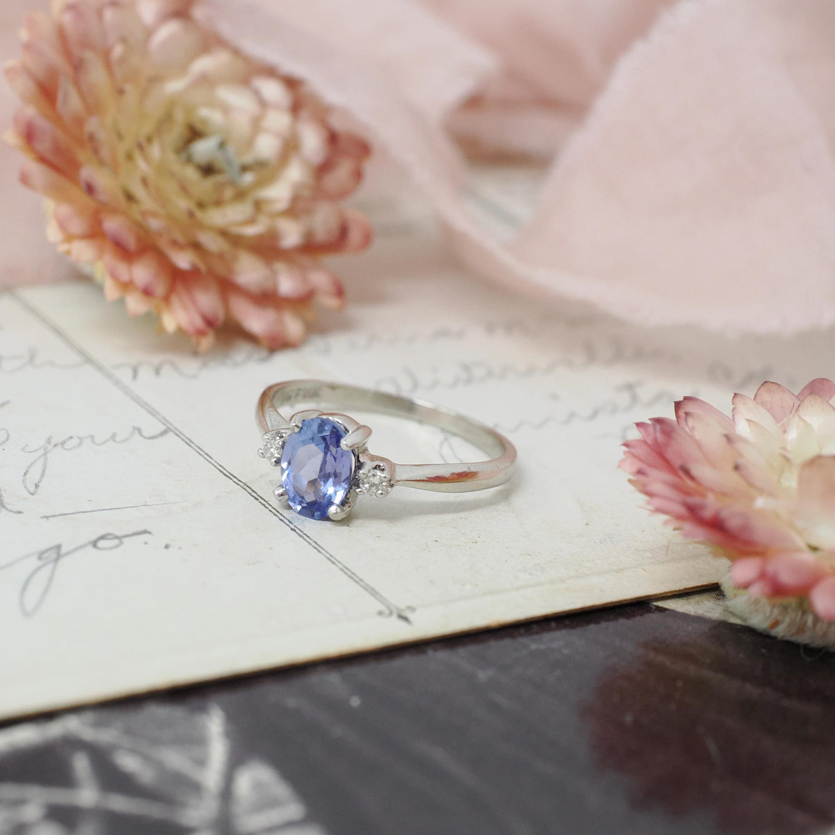 Tanzanite & Diamond Ring - Vintage 14k White Gold Natural Violet Blue Oval Cut Gemstone - Mid Century Era Size 6 1/2 Fine Engagement Jewelry