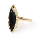 Vintage Onyx Ring - Modernist 14k Yellow Gold Marquise Cabochon Cut Black Chalcedony Gem - Circa 1960s Era Size 7 1/4 Fine Statement Jewelry