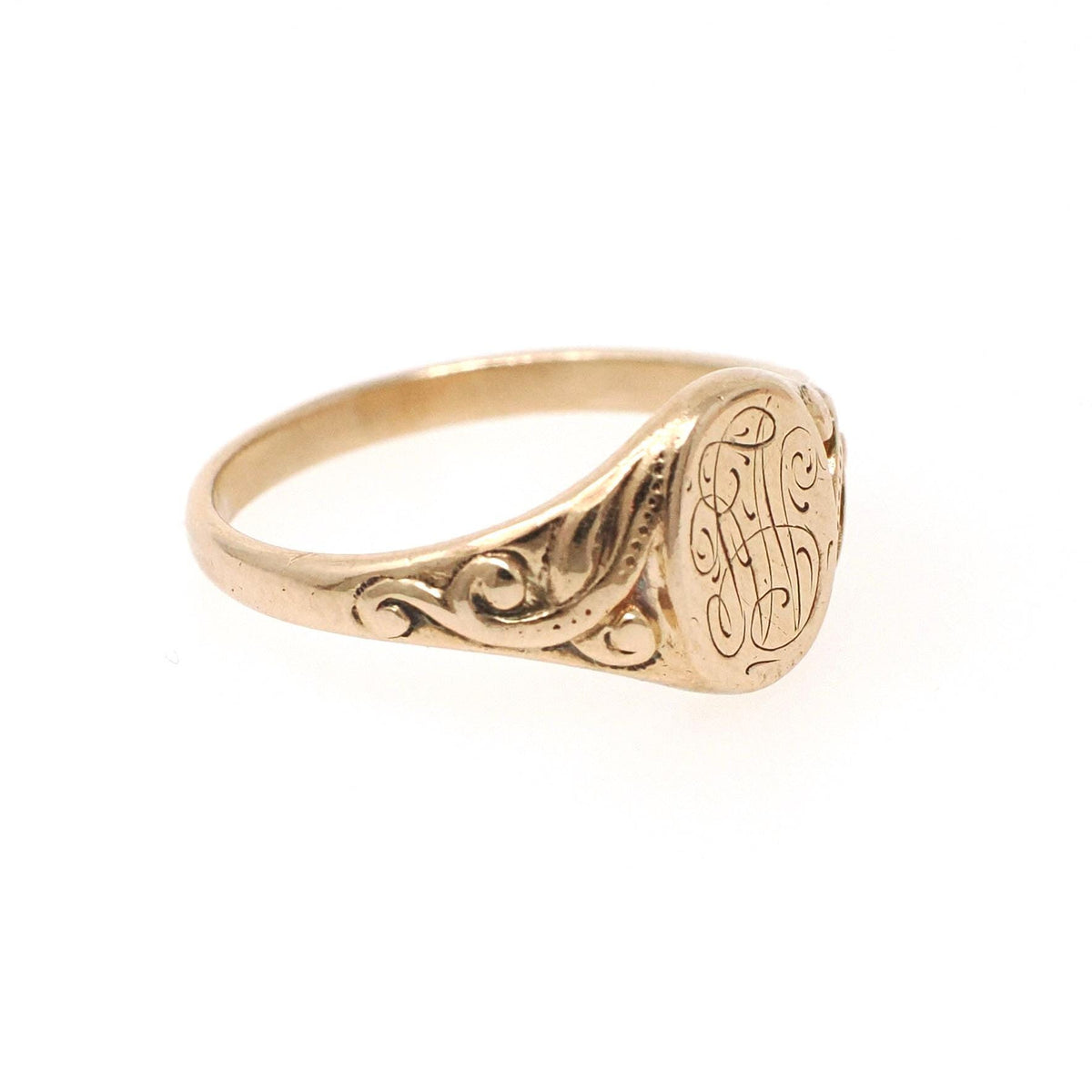 Edwardian Signet Ring - Antique 10k Yellow Gold JAK Engraved "MG" Monogram Initials - Art Nouveau 1910s Era Size 3 Fine Scroll Jewelry