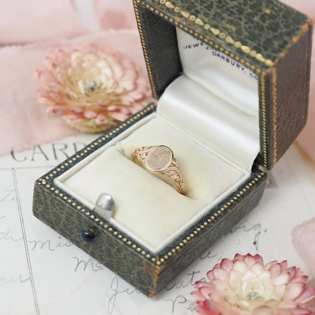 Edwardian Signet Ring - Antique 10k Yellow Gold JAK Engraved "MG" Monogram Initials - Art Nouveau 1910s Era Size 3 Fine Scroll Jewelry