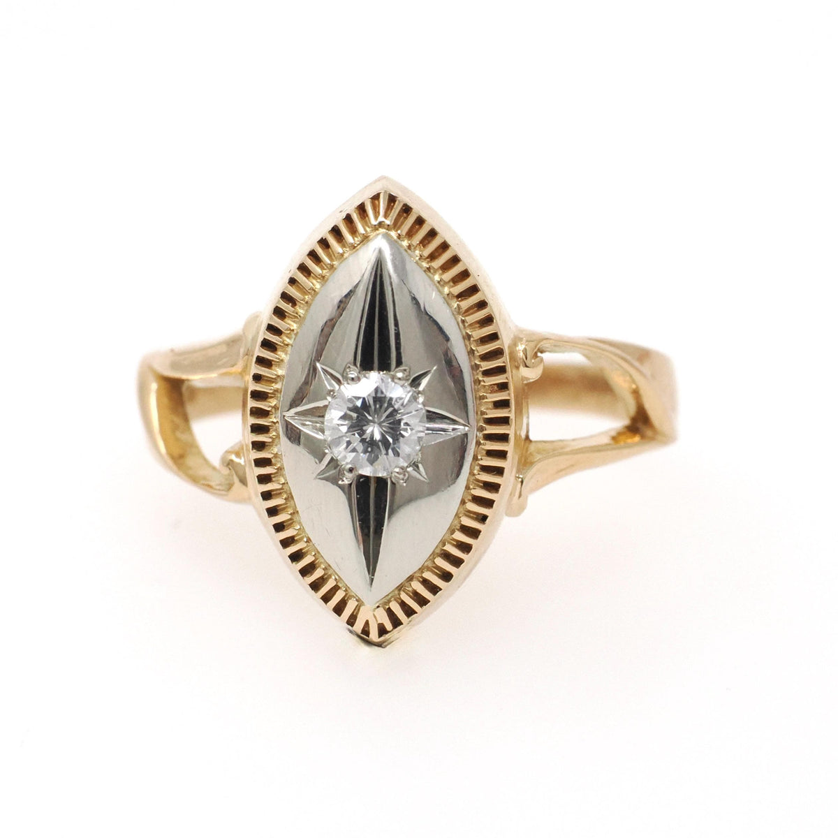 Star Diamond Ring - Retro 10k Yellow & White Gold Natural .12 CTW Navette Signet - Circa 1940s Size 8 3/4 Celestial Fine Engagement Jewelry