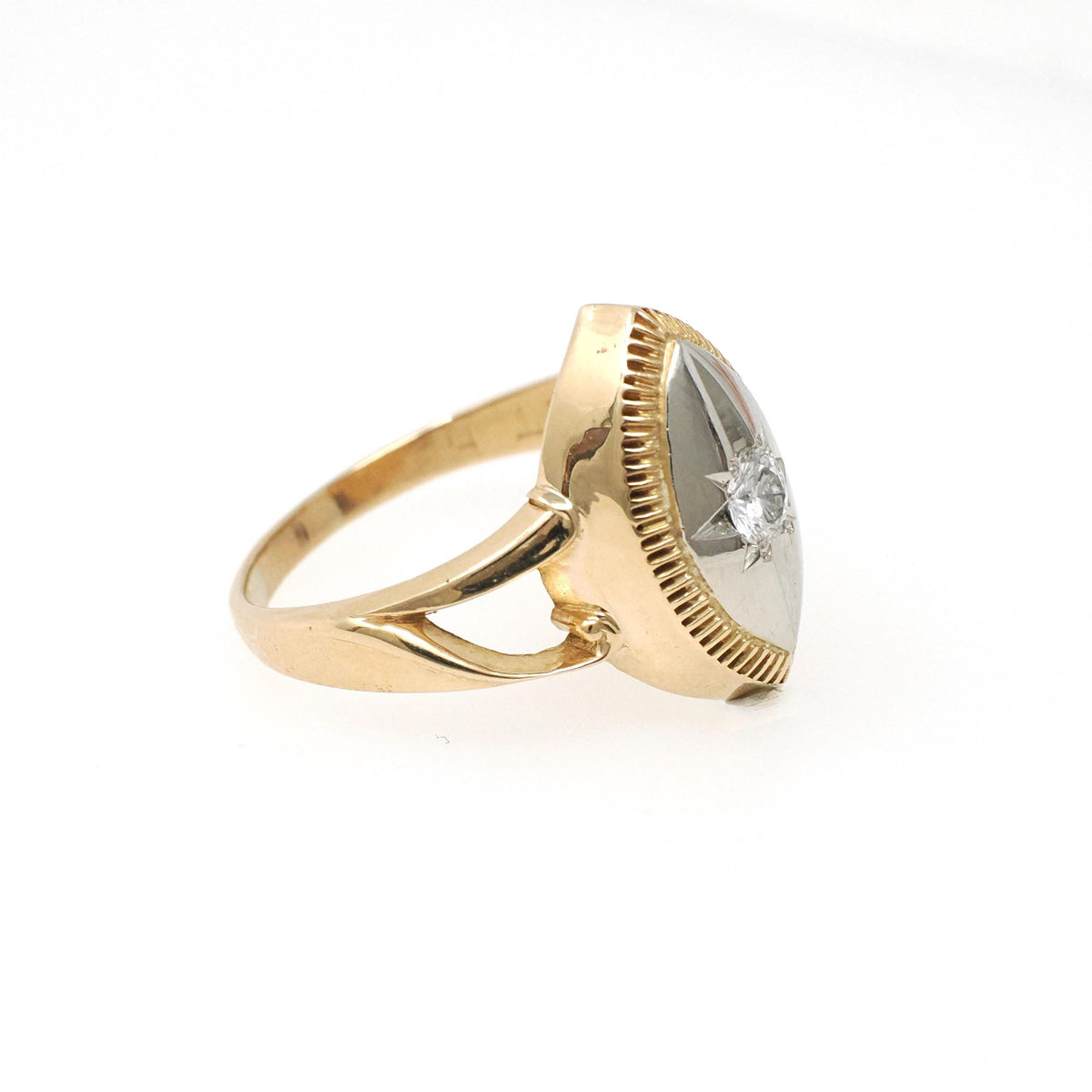 Star Diamond Ring - Retro 10k Yellow & White Gold Natural .12 CTW Navette Signet - Circa 1940s Size 8 3/4 Celestial Fine Engagement Jewelry