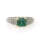 Emerald Engagement Ring - Art Deco 14k Yellow Gold & Platinum Natural Green Gemstone Diamond Accents - Circa Size 6.75 Fine Two Tone Jewelry