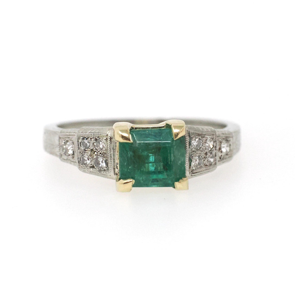 Emerald Engagement Ring - Art Deco 14k Yellow Gold & Platinum Natural Green Gemstone Diamond Accents - Circa Size 6.75 Fine Two Tone Jewelry
