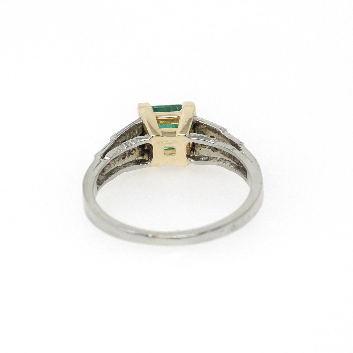 Emerald Engagement Ring - Art Deco 14k Yellow Gold & Platinum Natural Green Gemstone Diamond Accents - Circa Size 6.75 Fine Two Tone Jewelry