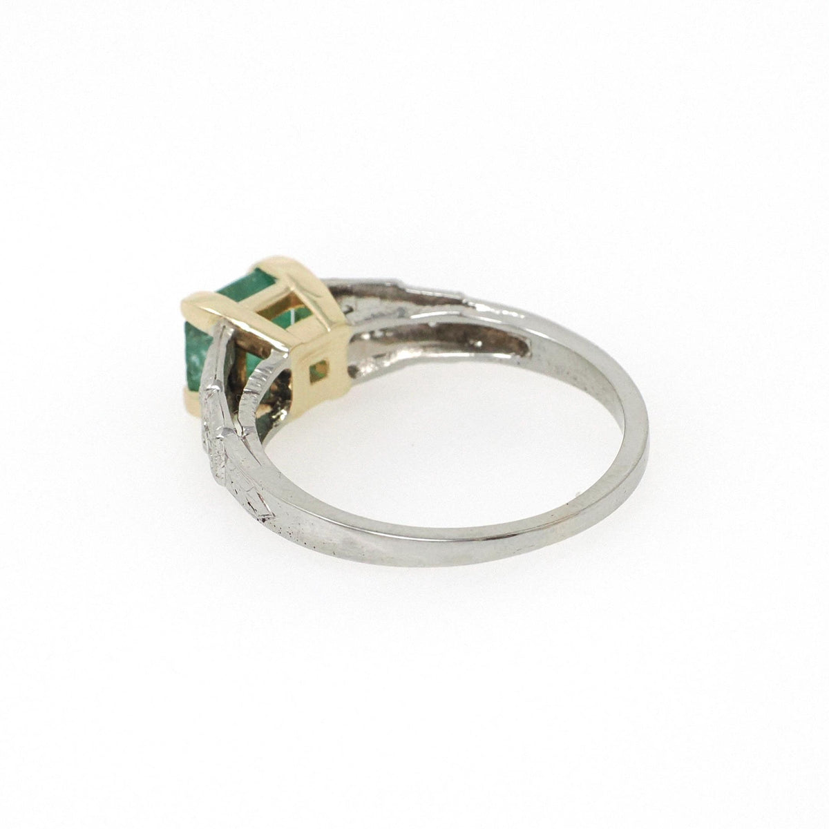 Emerald Engagement Ring - Art Deco 14k Yellow Gold & Platinum Natural Green Gemstone Diamond Accents - Circa Size 6.75 Fine Two Tone Jewelry