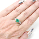 Emerald Engagement Ring - Art Deco 14k Yellow Gold & Platinum Natural Green Gemstone Diamond Accents - Circa Size 6.75 Fine Two Tone Jewelry