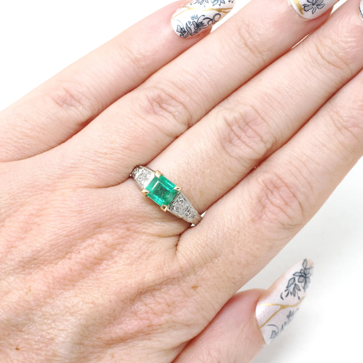 Emerald Engagement Ring - Art Deco 14k Yellow Gold & Platinum Natural Green Gemstone Diamond Accents - Circa Size 6.75 Fine Two Tone Jewelry