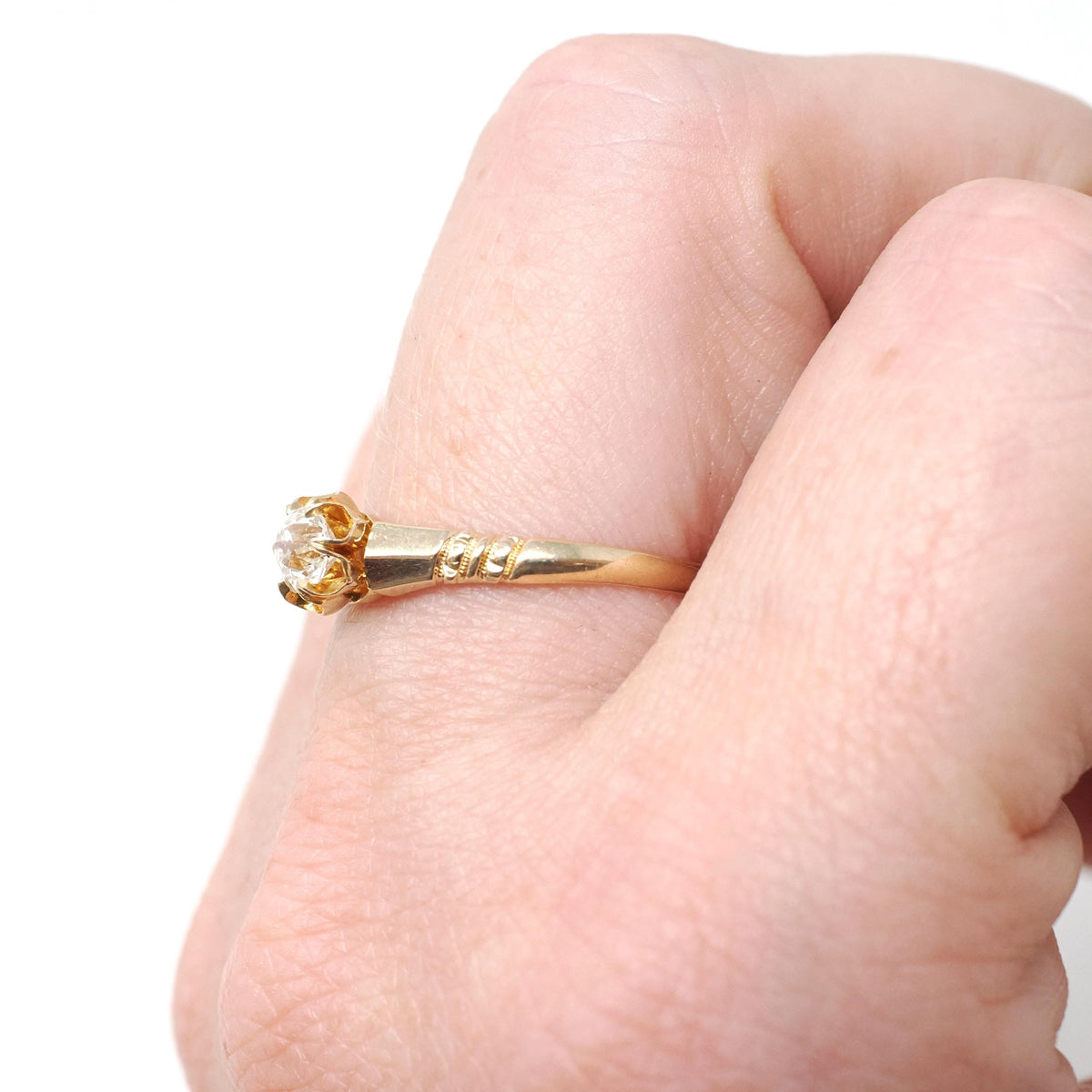 Edwardian Diamond Ring - Antique 14k Yellow Gold Natural .25 CT Old European Solitaire - Circa 1900s Era Size 7 3/4 Fine Engagement Jewelry