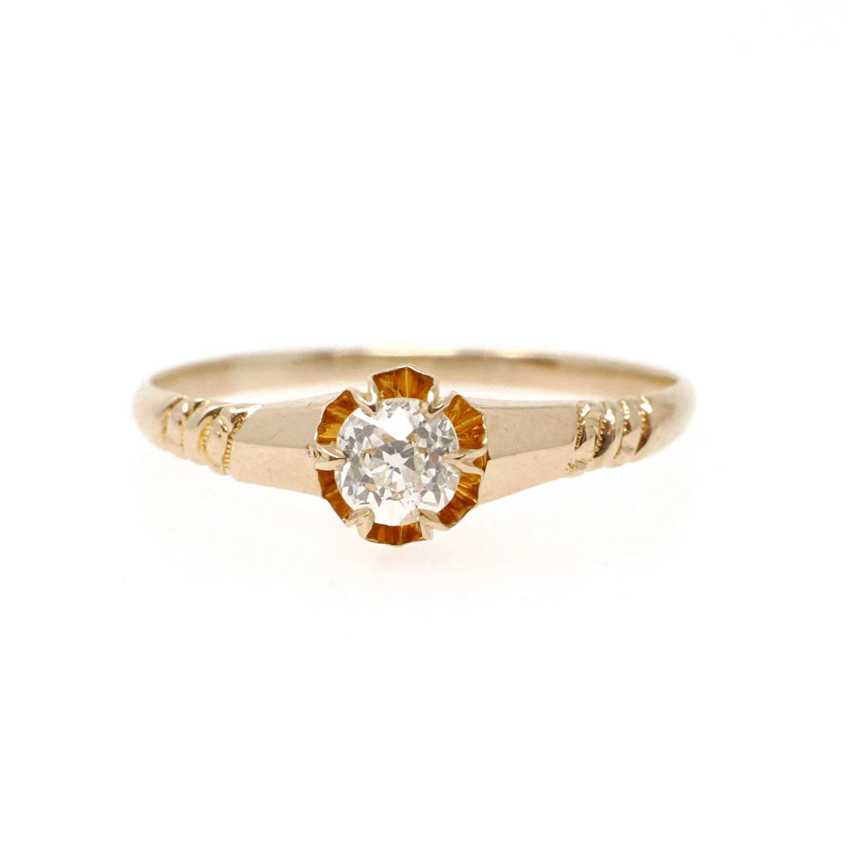 Edwardian Diamond Ring - Antique 14k Yellow Gold Natural .25 CT Old European Solitaire - Circa 1900s Era Size 7 3/4 Fine Engagement Jewelry