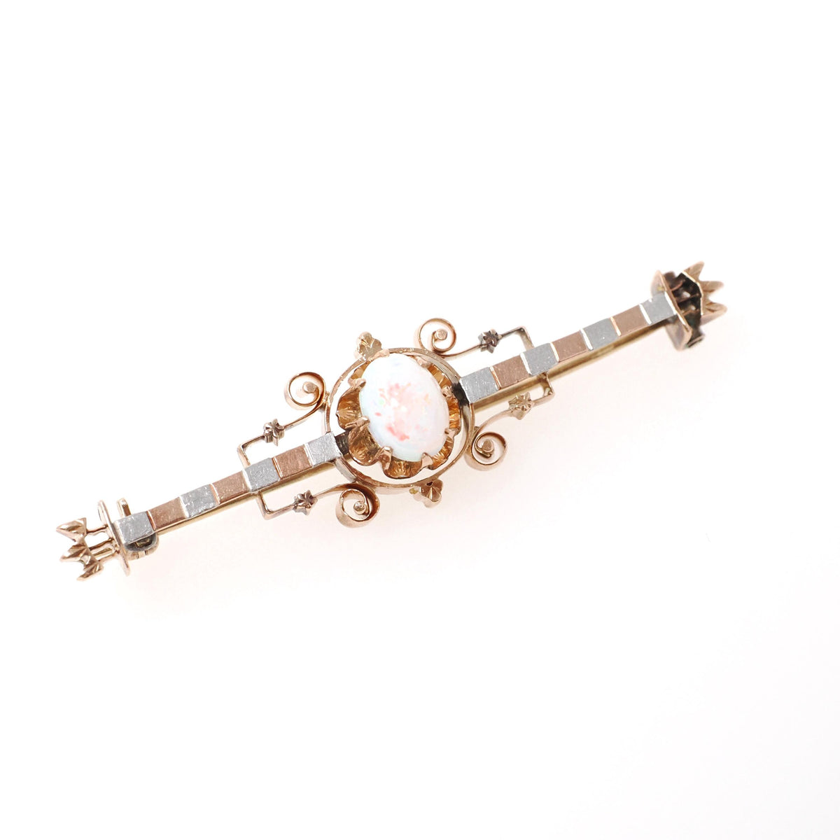 Opal Bar Pin - Victorian 14k Rose & White Gold Cabochon Stone Brooch - Antique Circa 1890s Era Dainty Gemstone Statement Fine Accessory