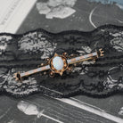 Opal Bar Pin - Victorian 14k Rose & White Gold Cabochon Stone Brooch - Antique Circa 1890s Era Dainty Gemstone Statement Fine Accessory
