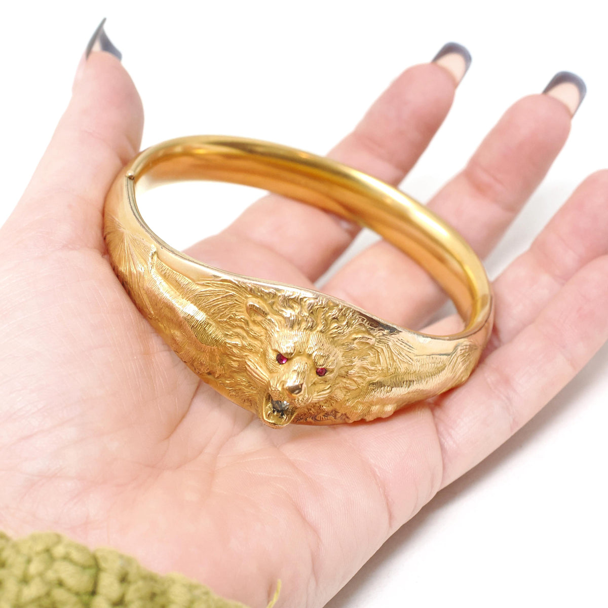 Edwardian Lion Bracelet - Antique Gold Filled Rhinestone Statement Bangle - Patented December 26 1905 Bates & B Fashion Accessory Jewelry
