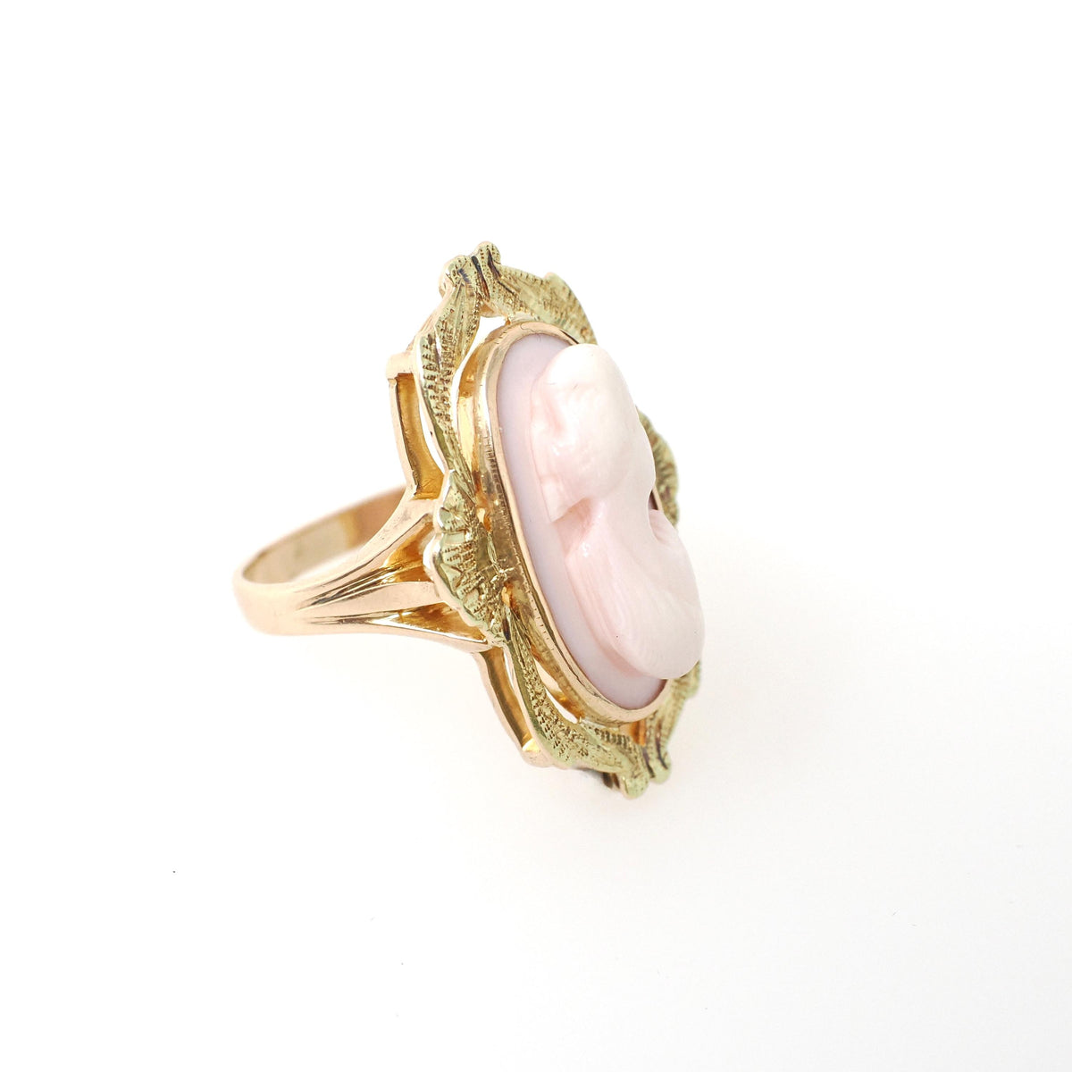 Art Nouveau Cameo Ring - Edwardian 10k Yellow Gold Carved Oval Coral Woman Profile - Circa 1910s Size 5 1/4 Shield Fine Statement Jewelry