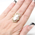 Art Nouveau Cameo Ring - Edwardian 10k Yellow Gold Carved Oval Coral Woman Profile - Circa 1910s Size 5 1/4 Shield Fine Statement Jewelry