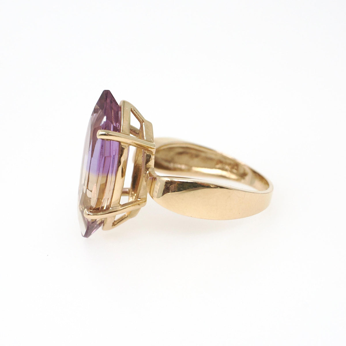 Modern Ametrine Ring - 14k Yellow Gold Purple Yellow 4.75 CT Bicolor Marquise Gemstone Solitaire - Circa 2000s Era Size 6 1/4 Fine Jewelry