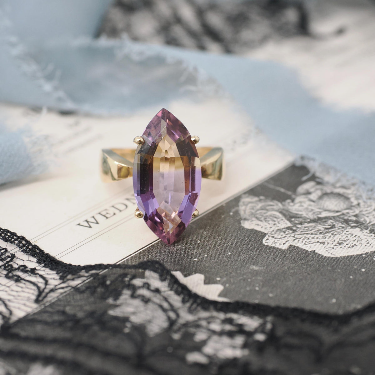 Modern Ametrine Ring - 14k Yellow Gold Purple Yellow 4.75 CT Bicolor Marquise Gemstone Solitaire - Circa 2000s Era Size 6 1/4 Fine Jewelry