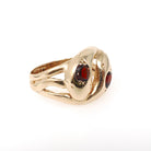 Vintage Double Snake Ring - Modernist 9k Two Red Glass Serpent Band - Circa 1970s Era Size 6 1/4 Coiled Animal Symbolic Cobra Fine Jewelry