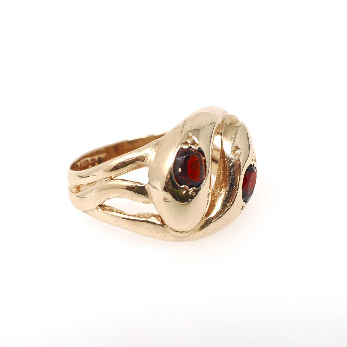 Vintage Double Snake Ring - Modernist 9k Two Red Glass Serpent Band - Circa 1970s Era Size 6 1/4 Coiled Animal Symbolic Cobra Fine Jewelry