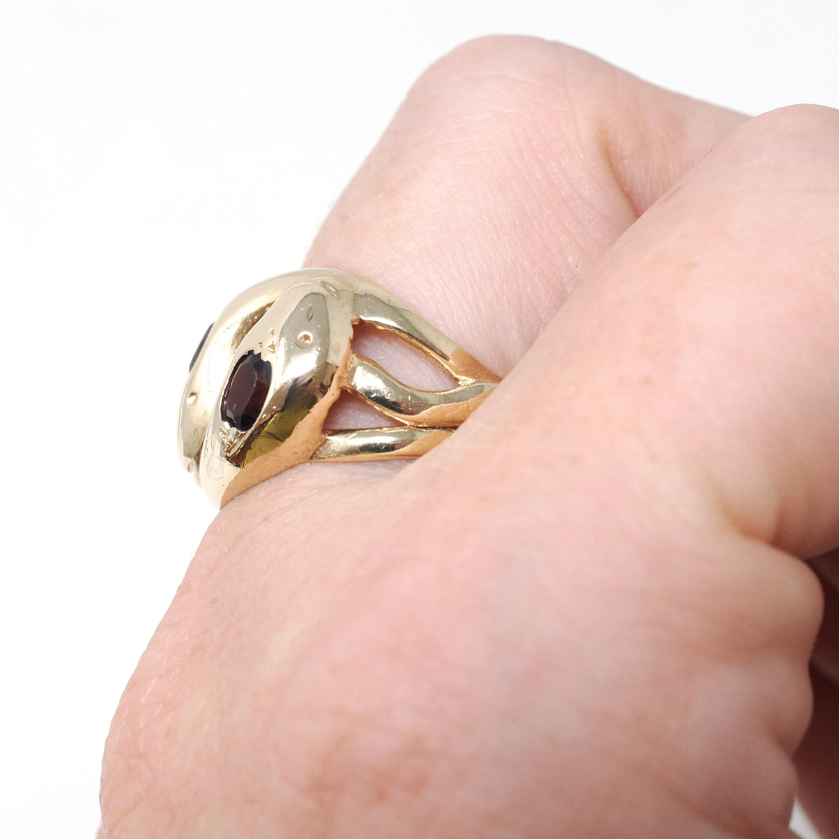 Vintage Double Snake Ring - Modernist 9k Two Red Glass Serpent Band - Circa 1970s Era Size 6 1/4 Coiled Animal Symbolic Cobra Fine Jewelry