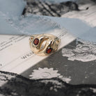 Vintage Double Snake Ring - Modernist 9k Two Red Glass Serpent Band - Circa 1970s Era Size 6 1/4 Coiled Animal Symbolic Cobra Fine Jewelry