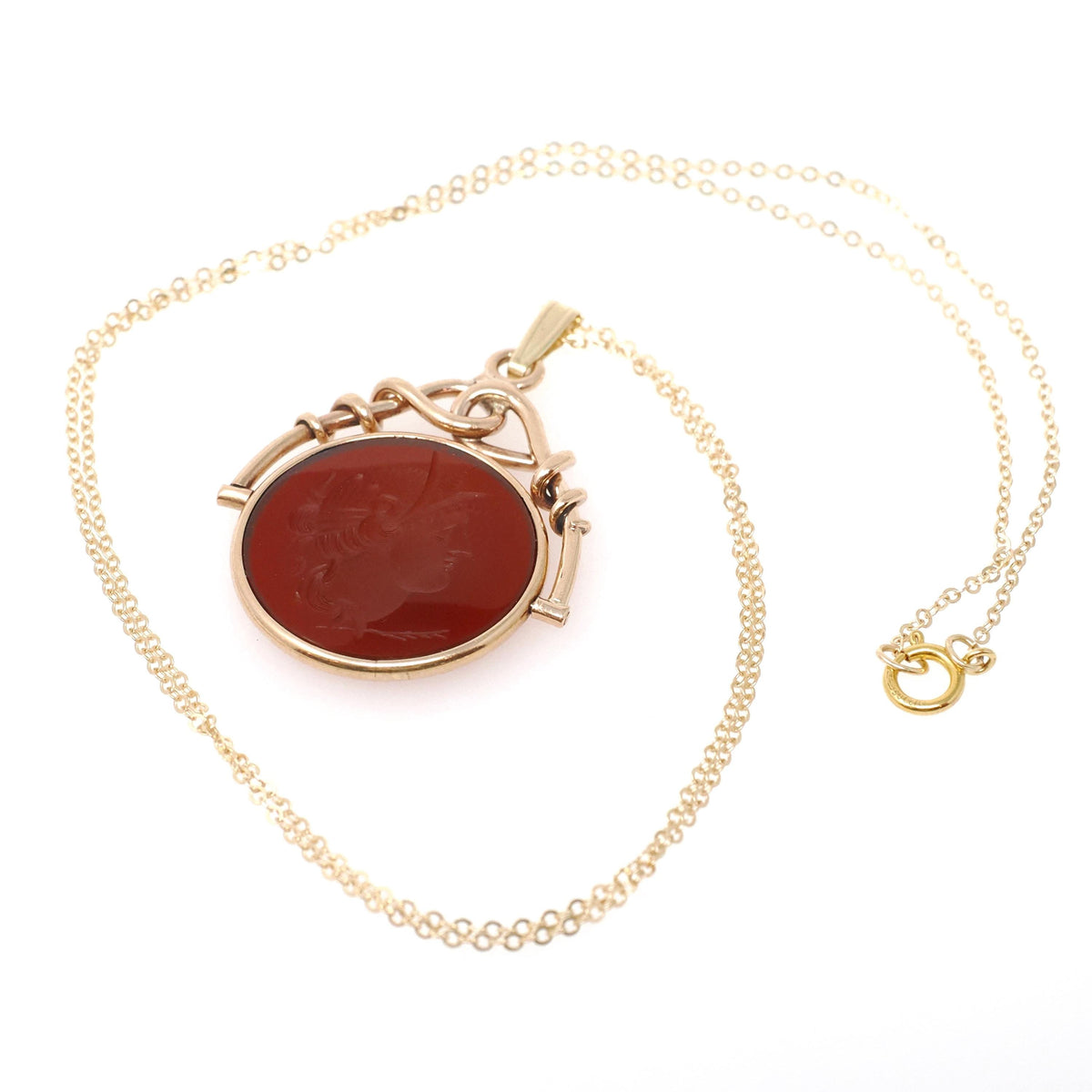 Antique Intaglio Pendant - Edwardian 10k Yellow Gold Carved Natural Carnelian Gem Necklace - Vintage Circa 1900s Era Warrior Fob Jewelry