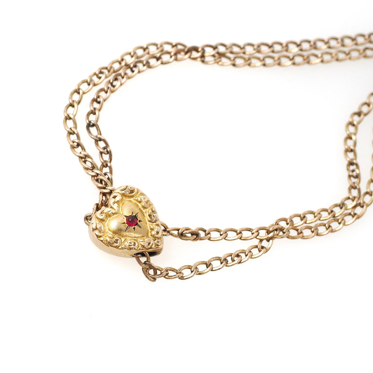 Antique Lorgnette Chain - Edwardian Gold Filled Red Glass Heart Necklace - Vintage Circa 1900s Era Curb Links Dog Clip Charm Slide Jewelry