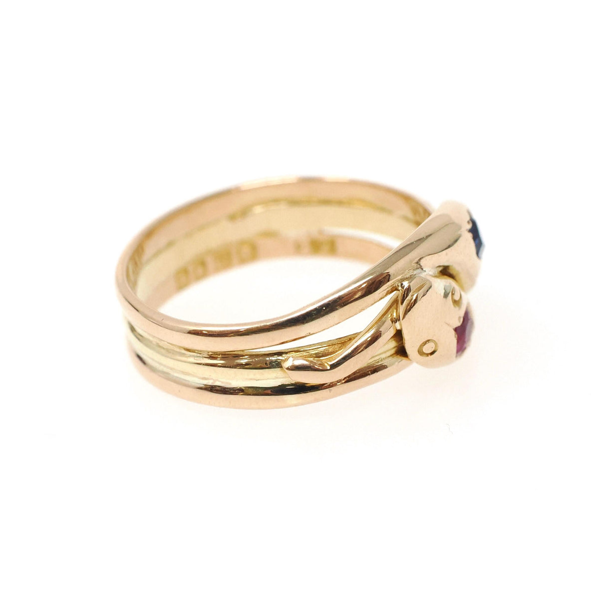 Antique Double Snake Ring - Edwardian Era 18k Gold Serpent Handmade Natural Blue Synthetic Pink Sapphire - Circa 1910s Size 8 Fine Jewelry
