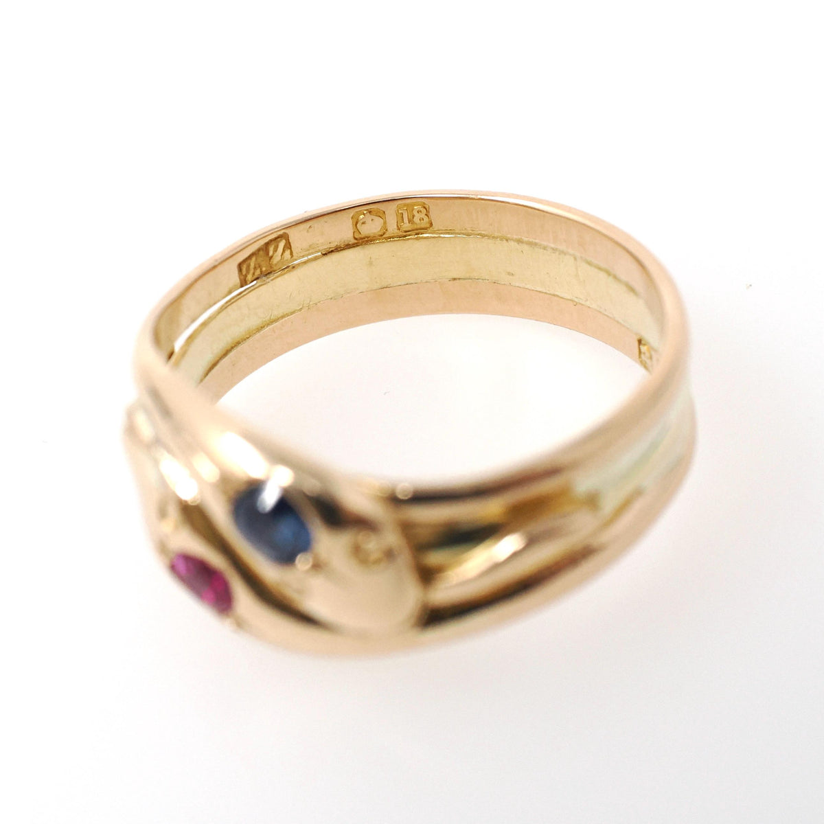 Antique Double Snake Ring - Edwardian Era 18k Gold Serpent Handmade Natural Blue Synthetic Pink Sapphire - Circa 1910s Size 8 Fine Jewelry
