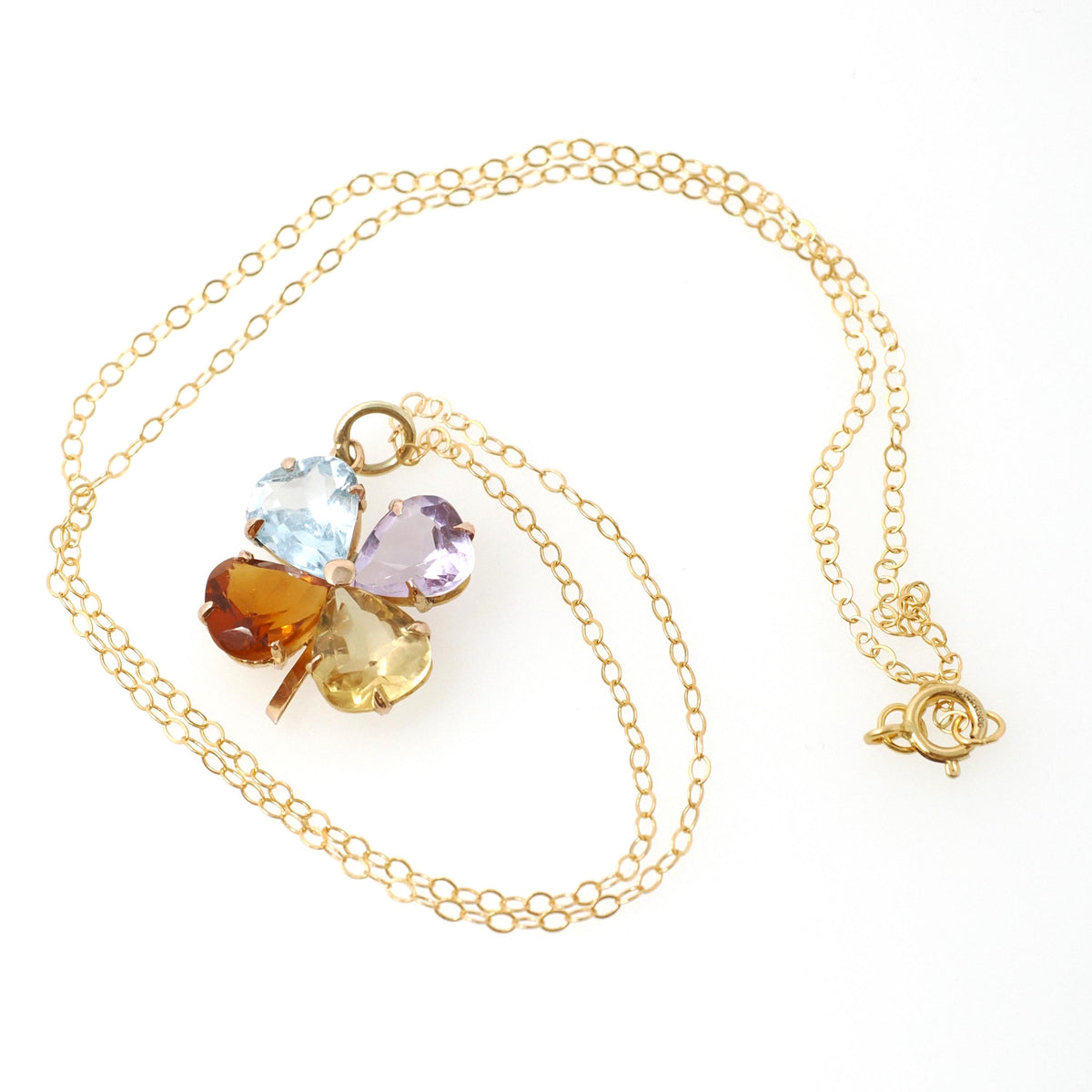 Multi Gemstone Charm - Contemporary 14k Yellow Gold Aquamarine Citrine & Amethyst Clover Necklace - Circa 1990s Era Fine Statement Jewelry