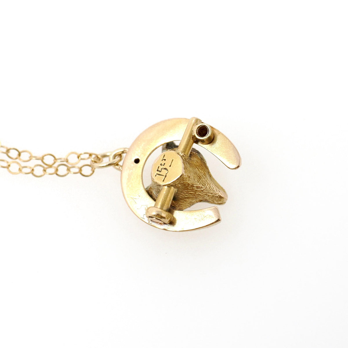 Antique Fox Necklace - Victorian 15k Yellow Gold Horseshoe & Animal Pendant - Circa 1890s Era Good Luck Charm Fine Statement Jewelry