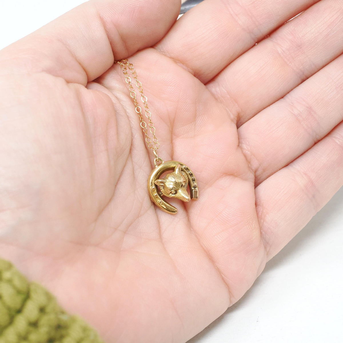 Antique Fox Necklace - Victorian 15k Yellow Gold Horseshoe & Animal Pendant - Circa 1890s Era Good Luck Charm Fine Statement Jewelry