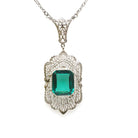 Art Deco Lavalier - Antique 14k White Gold Simulated Emerald Green Glass Necklace - Circa 1920s Era Filigree May Birthstone Fine Jewelry