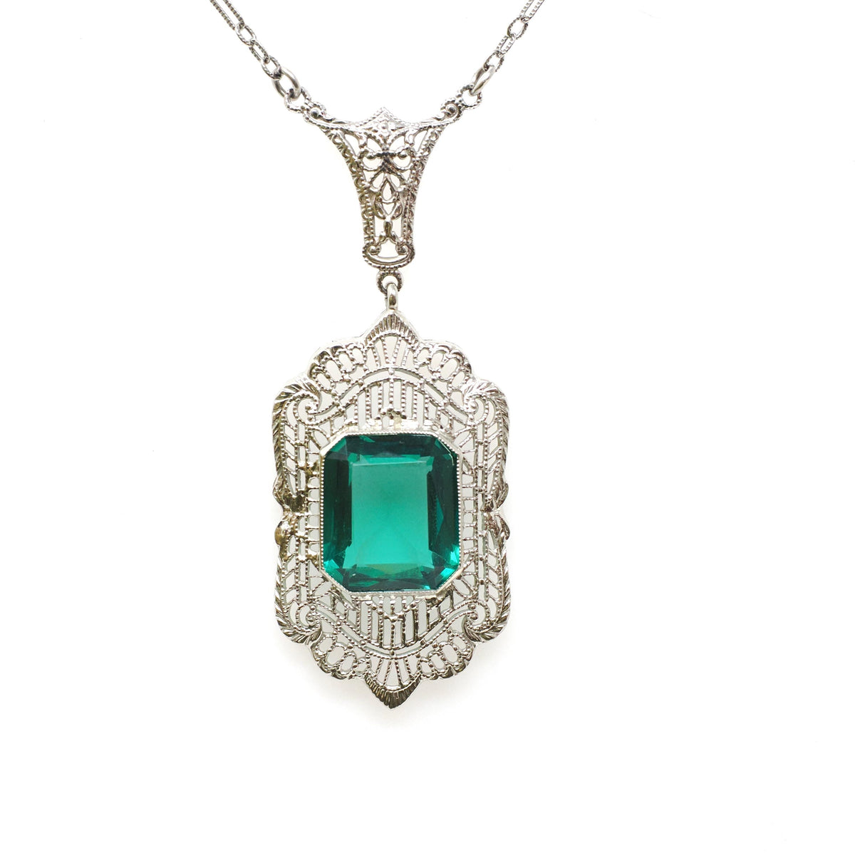 Art Deco Lavalier - Antique 14k White Gold Simulated Emerald Green Glass Necklace - Circa 1920s Era Filigree May Birthstone Fine Jewelry