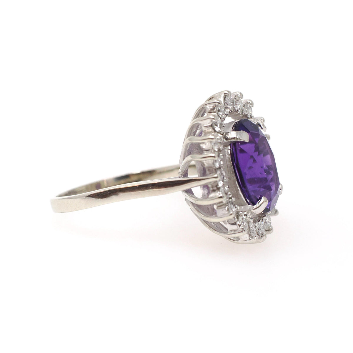 Amethyst Halo Ring - Contemporary 10k White Gold .80 CTW Diamond Accents Oval Gem - Circa 1990s Sz 8 1/2 February Birthstone Fine Jewelry