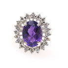 Amethyst Halo Ring - Contemporary 10k White Gold .80 CTW Diamond Accents Oval Gem - Circa 1990s Sz 8 1/2 February Birthstone Fine Jewelry