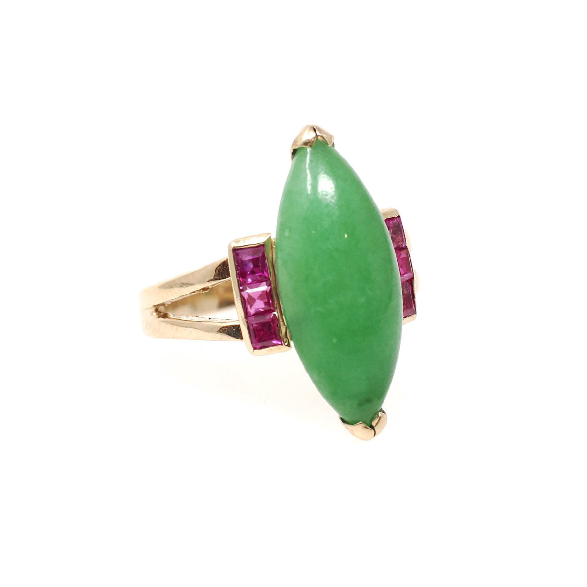 Vintage Jadeite Ring - Modernist 14k Yellow Gold Marquise Cut Natural Green Gemstone - Circa 1970s Era Size 4 Ruby Accent Fine Jewelry