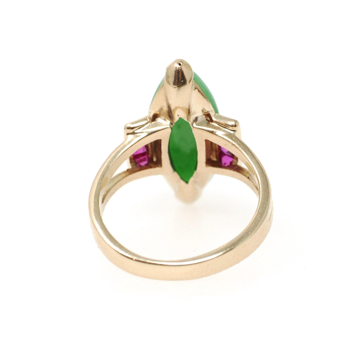 Vintage Jadeite Ring - Modernist 14k Yellow Gold Marquise Cut Natural Green Gemstone - Circa 1970s Era Size 4 Ruby Accent Fine Jewelry