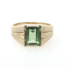 Spinel Triplet Ring - Modernist 10k Yellow Gold Green Synthetic Stone - Vintage Circa 1960s Era Size 7.25 Textured Style Fine Jewelry