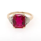 Created Ruby Ring - Retro 14k Yellow Gold Red Stone Natural Diamonds .04 CTW - Circa 1940s Size 6 1/4 Fine Two Tone July Birthstone Jewelry