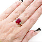 Created Ruby Ring - Retro 14k Yellow Gold Red Stone Natural Diamonds .04 CTW - Circa 1940s Size 6 1/4 Fine Two Tone July Birthstone Jewelry