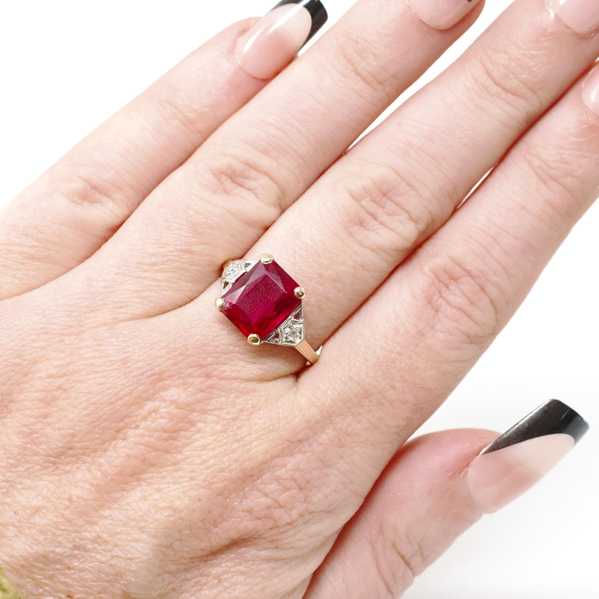 Created Ruby Ring - Retro 14k Yellow Gold Red Stone Natural Diamonds .04 CTW - Circa 1940s Size 6 1/4 Fine Two Tone July Birthstone Jewelry