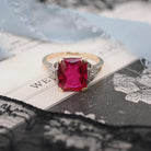Created Ruby Ring - Retro 14k Yellow Gold Red Stone Natural Diamonds .04 CTW - Circa 1940s Size 6 1/4 Fine Two Tone July Birthstone Jewelry